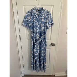 Cynthia Steffe‎ Women's Blue White Leaf Print Midi Shirt Dress Size M